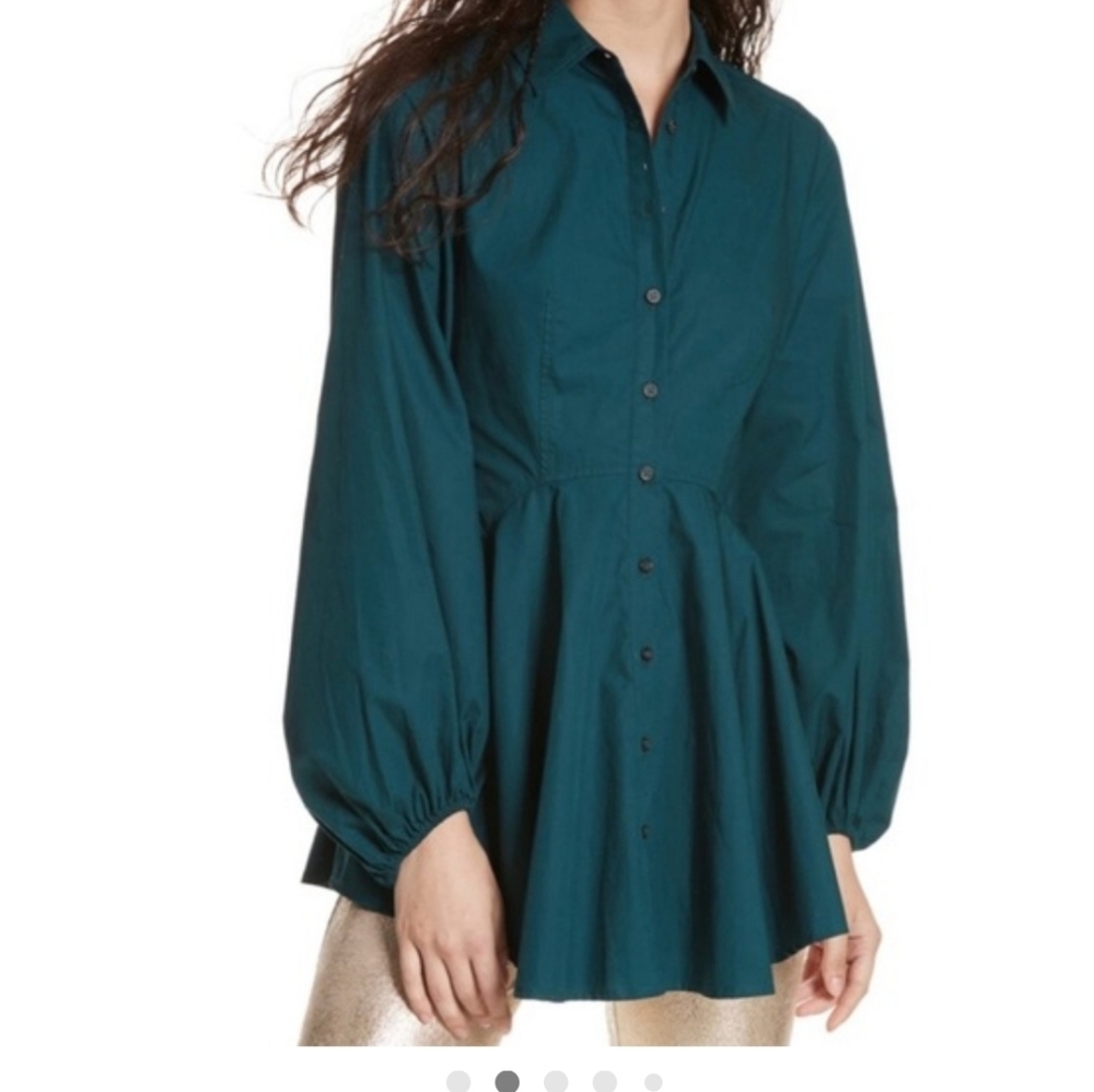 Free People Deep Teal Long Sleeve Shirt Dress Size M - Picture 3 of 6